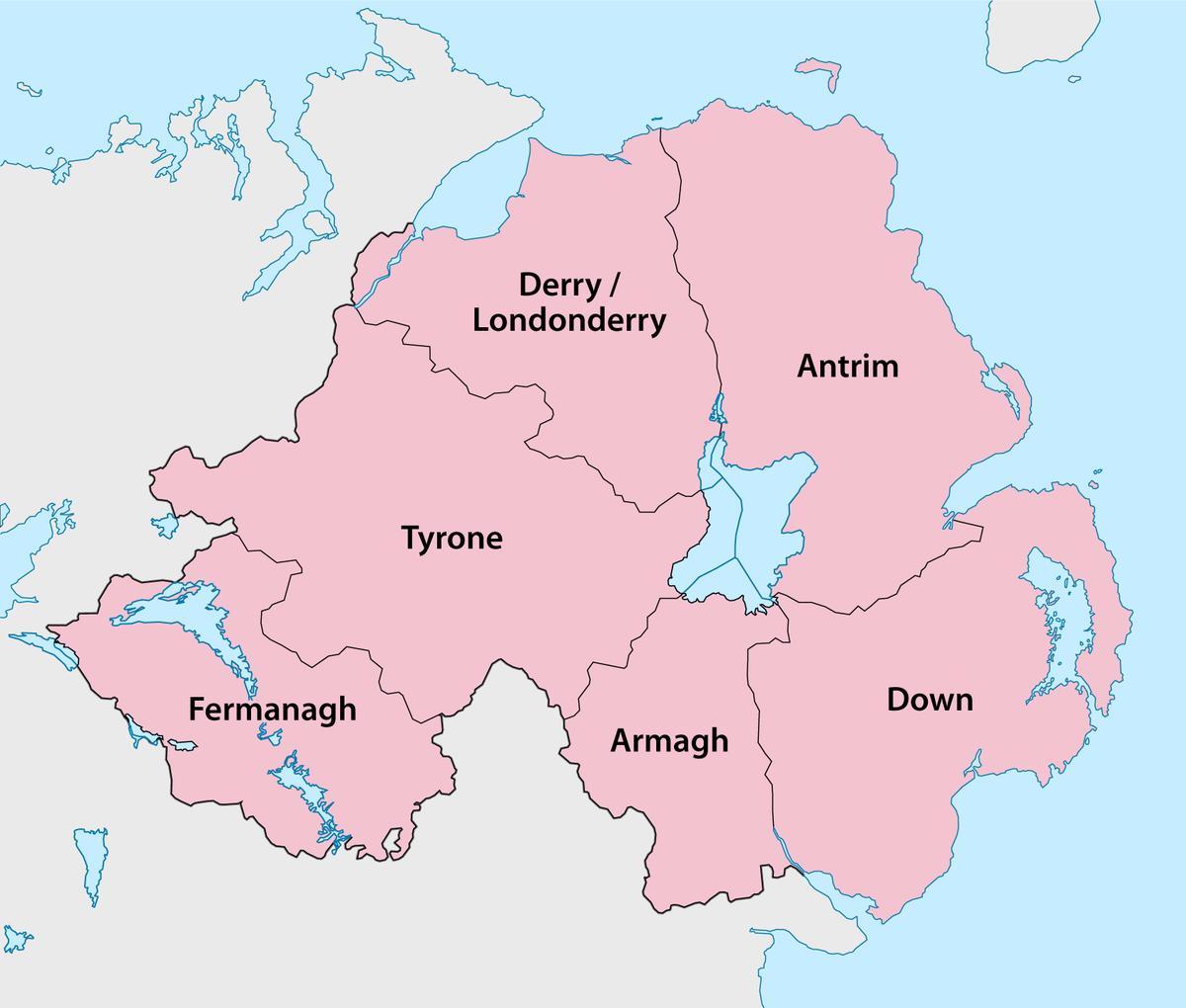 zemljevid severne irske okrajih in mestih